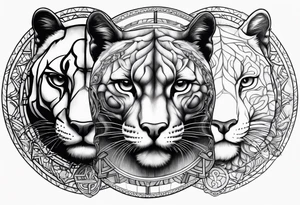 Brain in sagittal and angry cougar inside hourglass tattoo idea