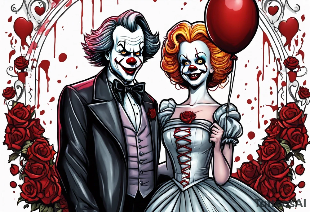 cartoony with Stephen king’s blond Carrie in a prom dress covered in blood looking happy standing next to Stephen king’s pennywise in a 70s prom suit looking happy standing together in a prom photo pose tattoo idea