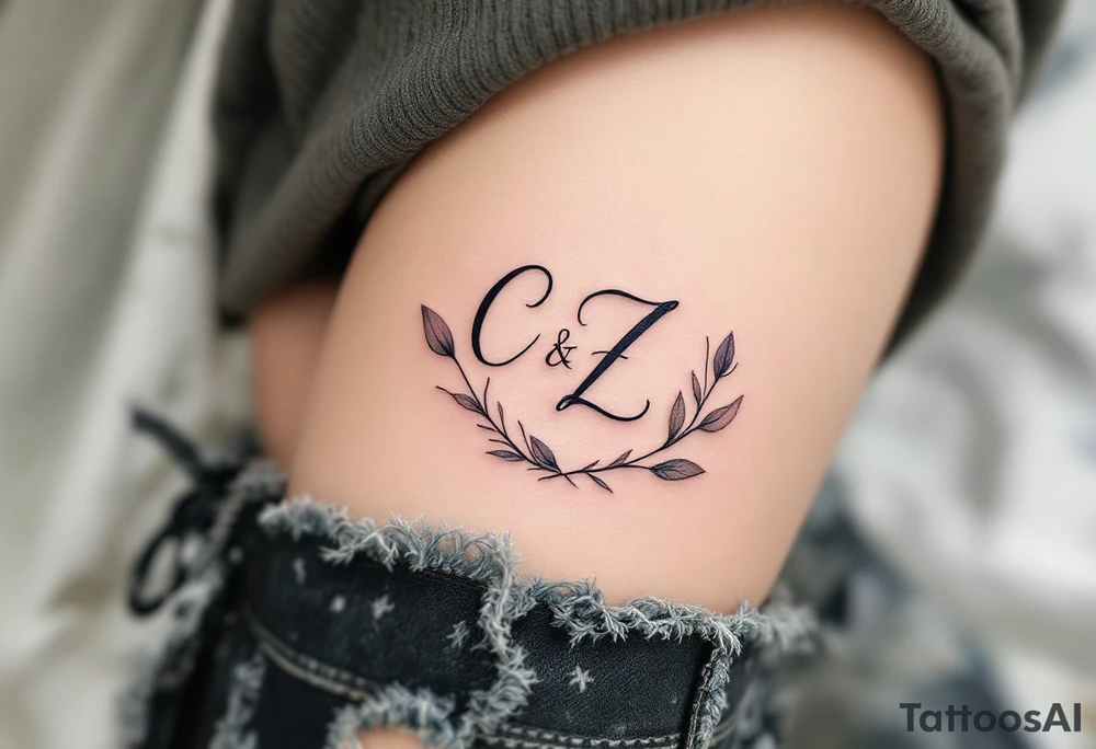 Create a delicate tattoo design that seamlessly integrates C and Z  in graceful, flowing cursive. Enclose the names within a softly stylized symbol that embodies strength and unity . The overall design should evoke warmth and protection while remaining refined and understated tattoo idea
