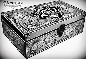 A simple vintage cigar box with a dogwood flower next to it as well as a lit cigar tattoo idea