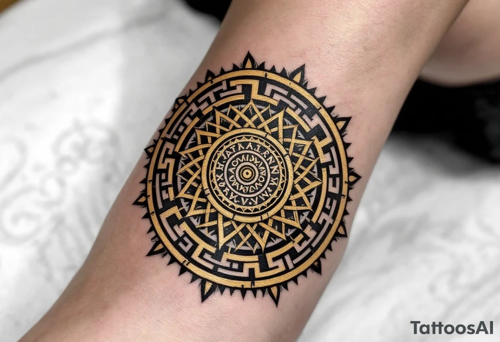 Designed in black and gold, this Celtic sun tattoo mimics an ancient coin of solar worship. tattoo idea
