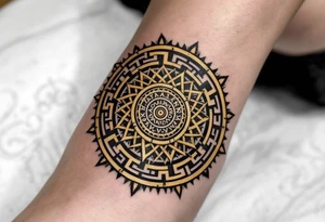 Designed in black and gold, this Celtic sun tattoo mimics an ancient coin of solar worship. tattoo idea