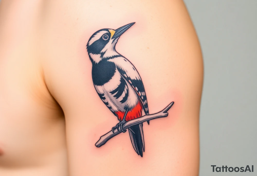 Great spotted woodpecker sitting on a branch tattoo idea
