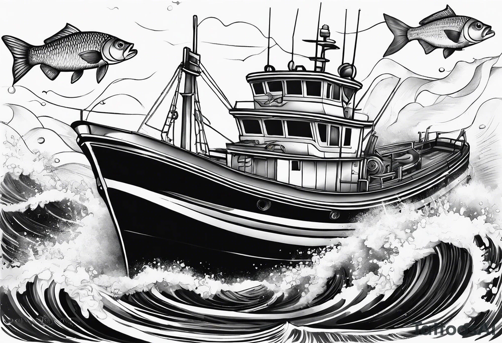 Big fishing boat and fish tattoo idea