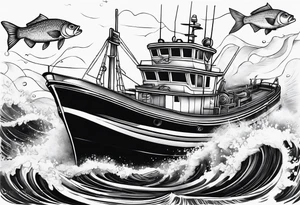 Big fishing boat and fish tattoo idea