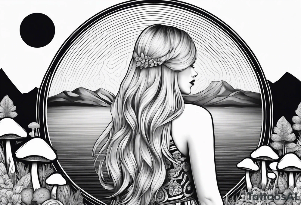 Straight blonde hair girl facing away toward mountains surrounded by mushrooms crescent moon mandala circular design black and white striped dress tattoo idea