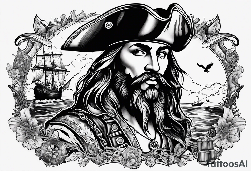 Chest tattoo that is about pirates ,captain ,treasure map tattoo idea