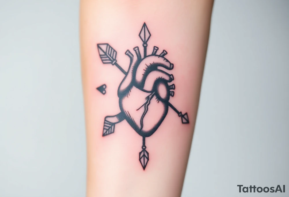 anatomical heart pierced by ornate arrow with flowing ribbons tattoo idea