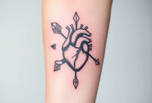 anatomical heart pierced by ornate arrow with flowing ribbons tattoo idea