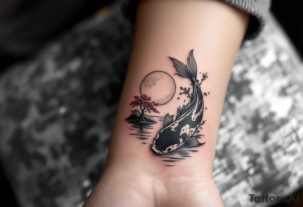 a koi fish swimming UPstream in a pond moonlight by the full moon with a sakura tree by the pond tattoo idea