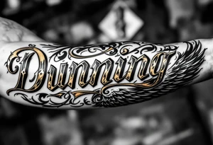 Dunning, details include bold strong font, gold highlights, theme of wealth and angel wings, taino native tattoo idea