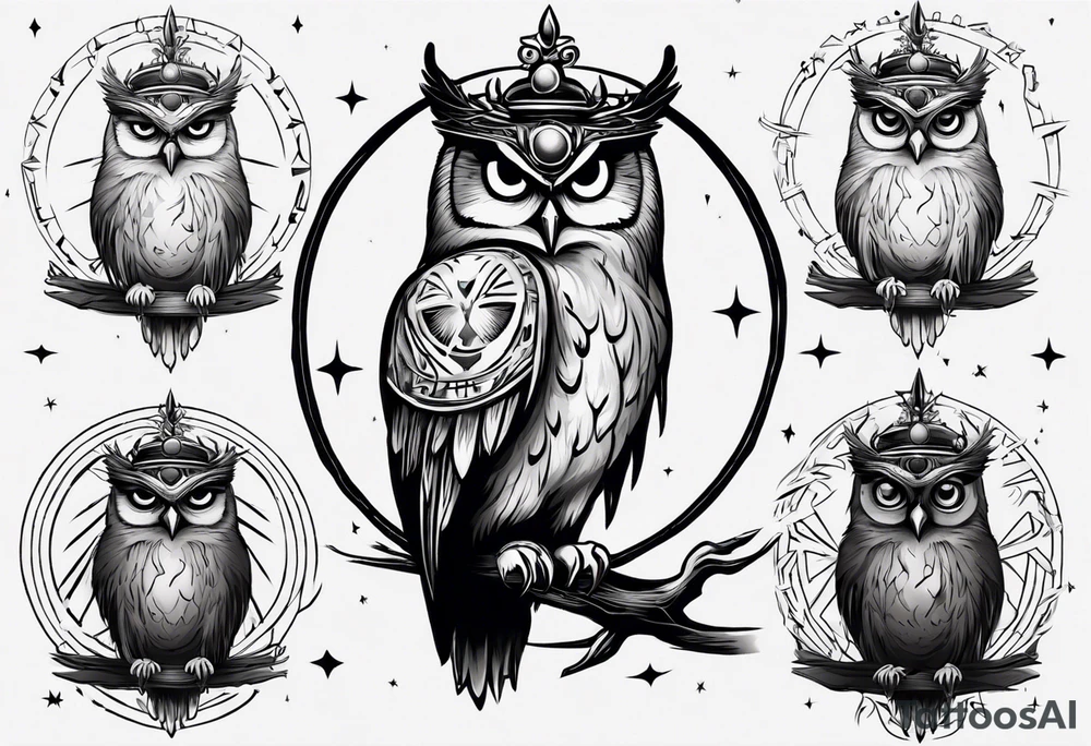 Wise Crowned Owl perched with the Dark Moon. tattoo idea