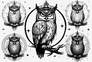 Wise Crowned Owl perched with the Dark Moon. tattoo idea