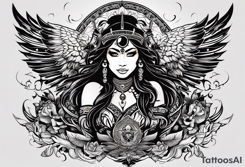 black kali, goddess pirate, alien, angel, pachamama, valkrye, warrior, flying, skull, lotus azul, wing, eagle, zenza resonance, stars, 5D, anahata chakra, death, durga, riding on a tiger, flying lady tattoo idea