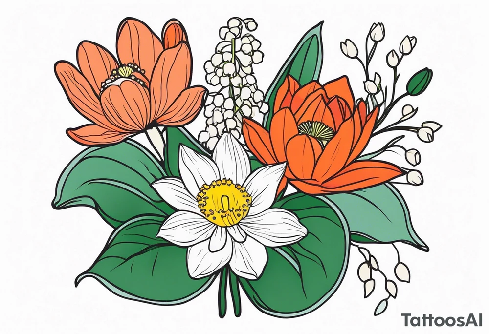 Poppy, water lily, Lily of the valley, daffodil, flower bouquet, portrait style tattoo idea