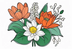 Poppy, water lily, Lily of the valley, daffodil, flower bouquet, portrait style tattoo idea