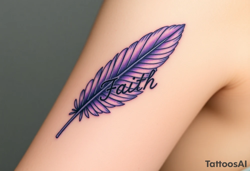 A lavender and silver feather with a subtle shimmer, carrying the word "Faith" tattoo idea