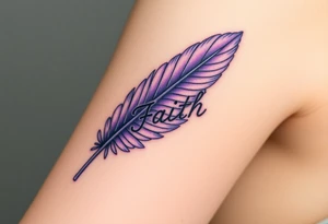 A lavender and silver feather with a subtle shimmer, carrying the word "Faith" tattoo idea