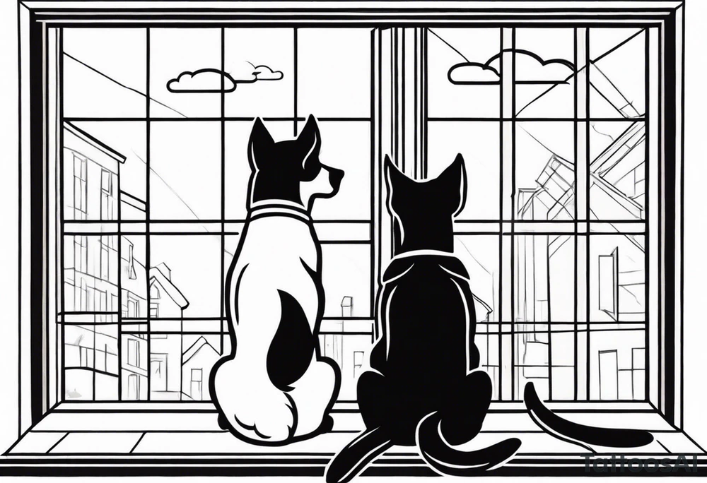 dog and cat sitting on floor and looking out tall thin window together tattoo idea dog and cat sitting on floor and looking out tall thin window together tattoo idea