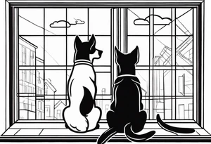 dog and cat sitting on floor and looking out tall thin window together tattoo idea