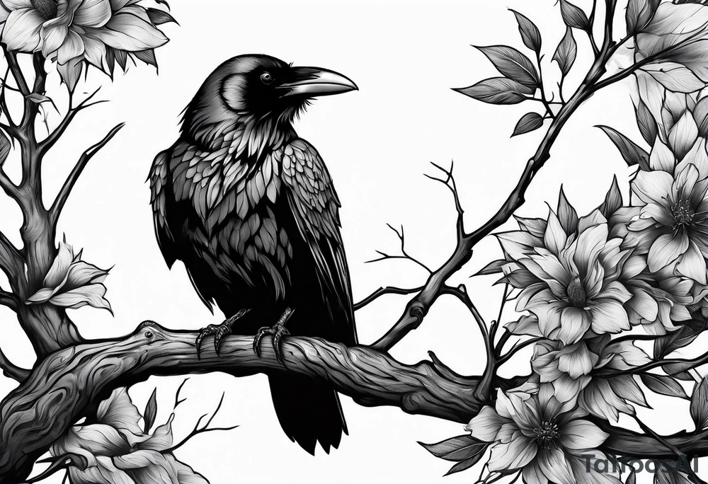 raven perched on branch tattoo idea