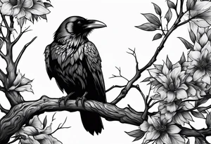 raven perched on branch tattoo idea