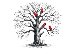 Tree of life with five birds flying out of the tree and  two red cardinals sitting on the tree and a duck in a pond tattoo idea