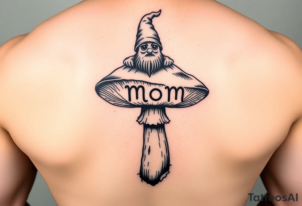 Mushroom with word mom on it with gnome on top tattoo idea Mushroom with word mom on it with gnome on top tattoo idea