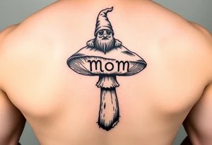Mushroom with word mom on it with gnome on top tattoo idea