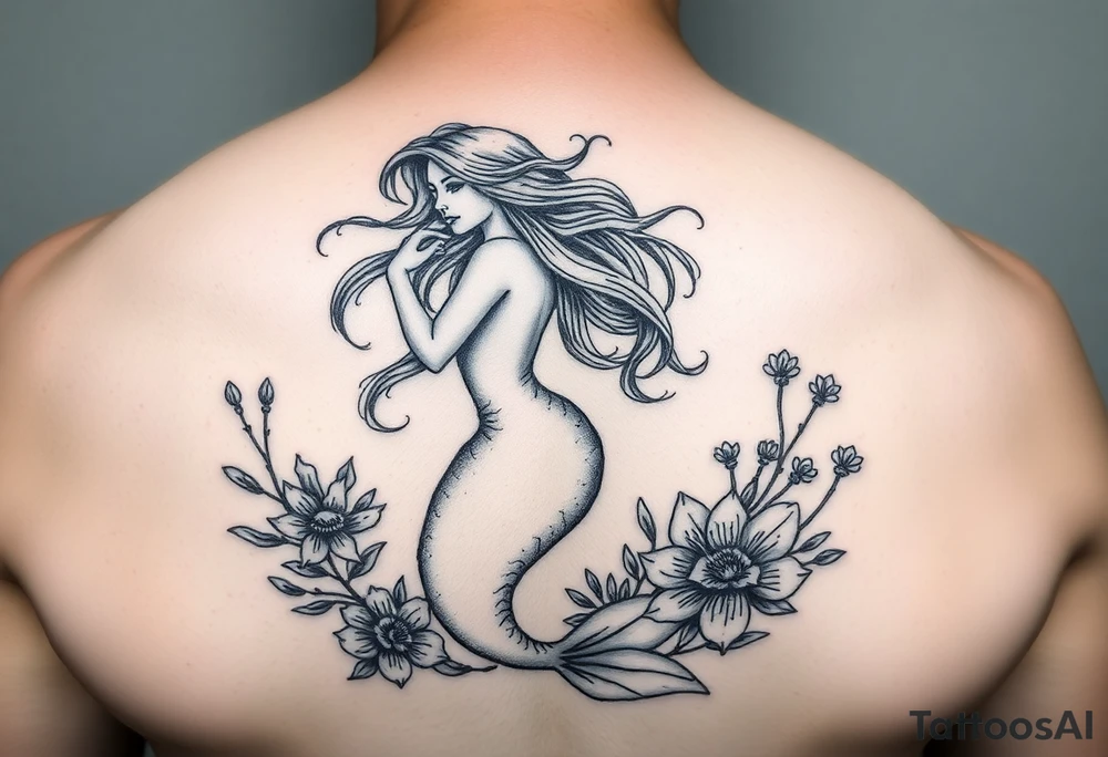 ethereal mermaid with flowing hair among coral and sea flowers tattoo idea