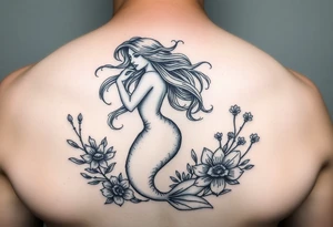 ethereal mermaid with flowing hair among coral and sea flowers tattoo idea