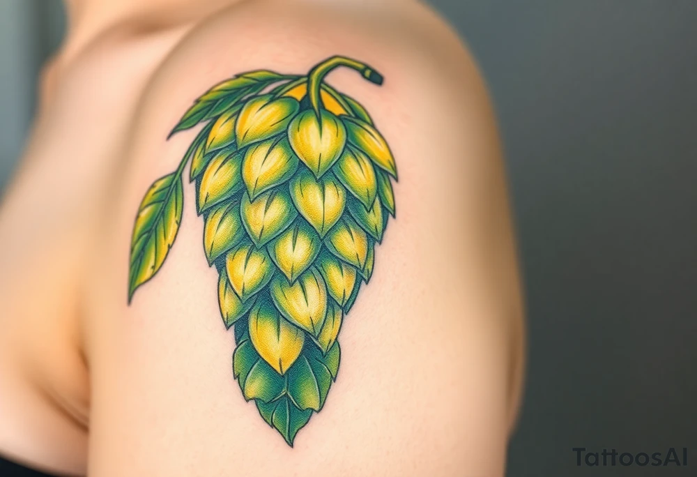 A detailed hop cone with deep green and golden hues, wrapped in barley stalks, symbolizing the essence of brewing tattoo idea