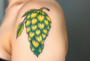 A detailed hop cone with deep green and golden hues, wrapped in barley stalks, symbolizing the essence of brewing tattoo idea