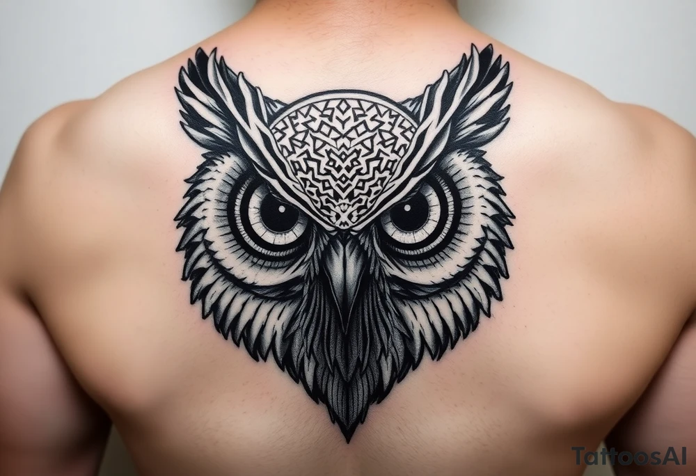 Owl head with large intense tripping on acid colored eyes without pupils, cyber style  and and geometry glowing circle on the forheadl tattoo idea