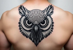 Owl head with large intense tripping on acid colored eyes without pupils, cyber style  and and geometry glowing circle on the forheadl tattoo idea