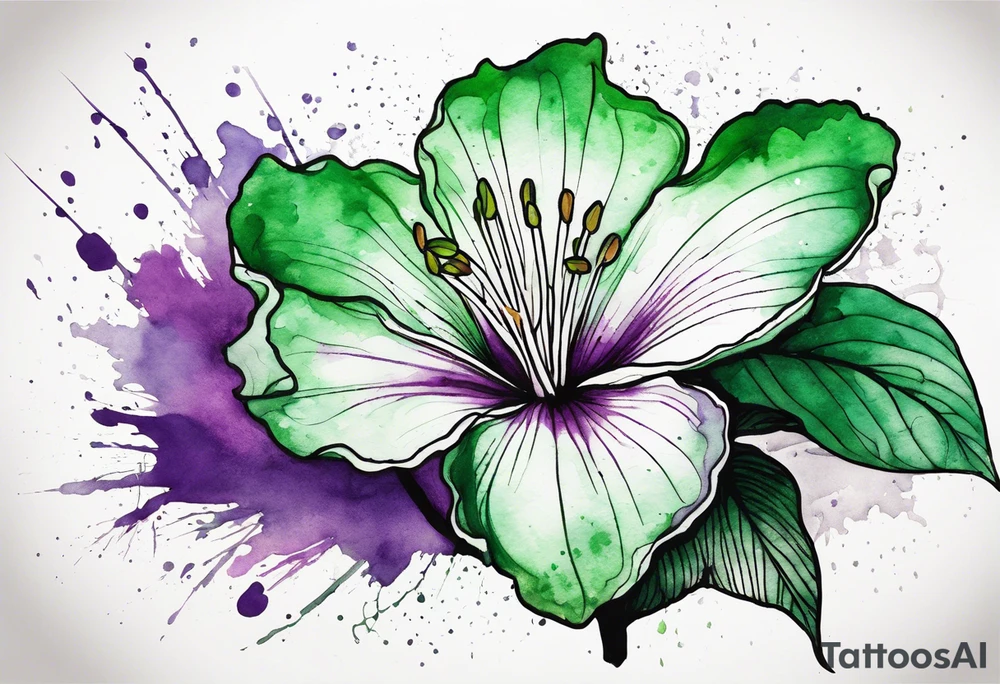 An outline of a green rio dipladenia flower and a green and purple watercolor splash in the background tattoo idea