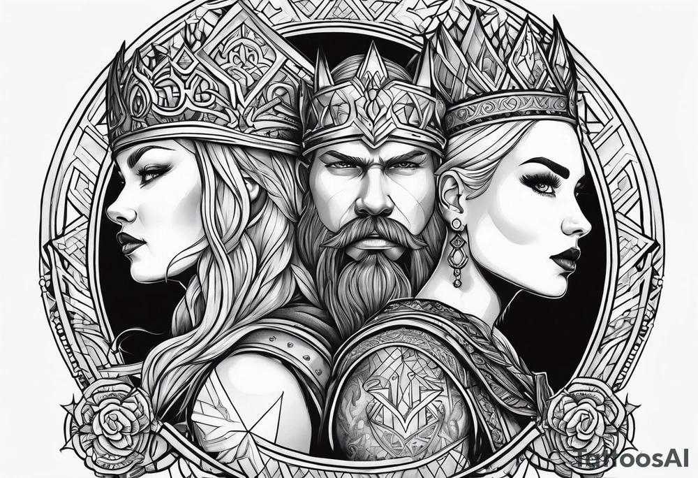 Couples tattoo, viking style queen and king tattoo idea