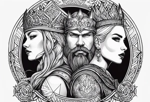 Couples tattoo, viking style queen and king tattoo idea