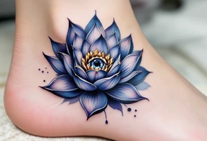A deep indigo lotus flower with a central eye and subtle gold highlights around the petals. tattoo idea