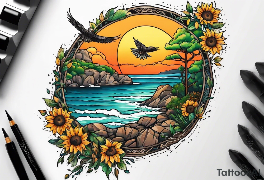 Small inside arm tattoo. Black kite (Daya's name), nature (trees/sea), rock/metal vibe, small sunflower. tattoo idea