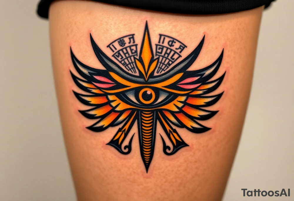 A bold black and gold Eye of Horus, with intricate hieroglyphs in the background tattoo idea