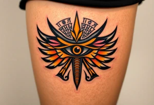 A bold black and gold Eye of Horus, with intricate hieroglyphs in the background tattoo idea