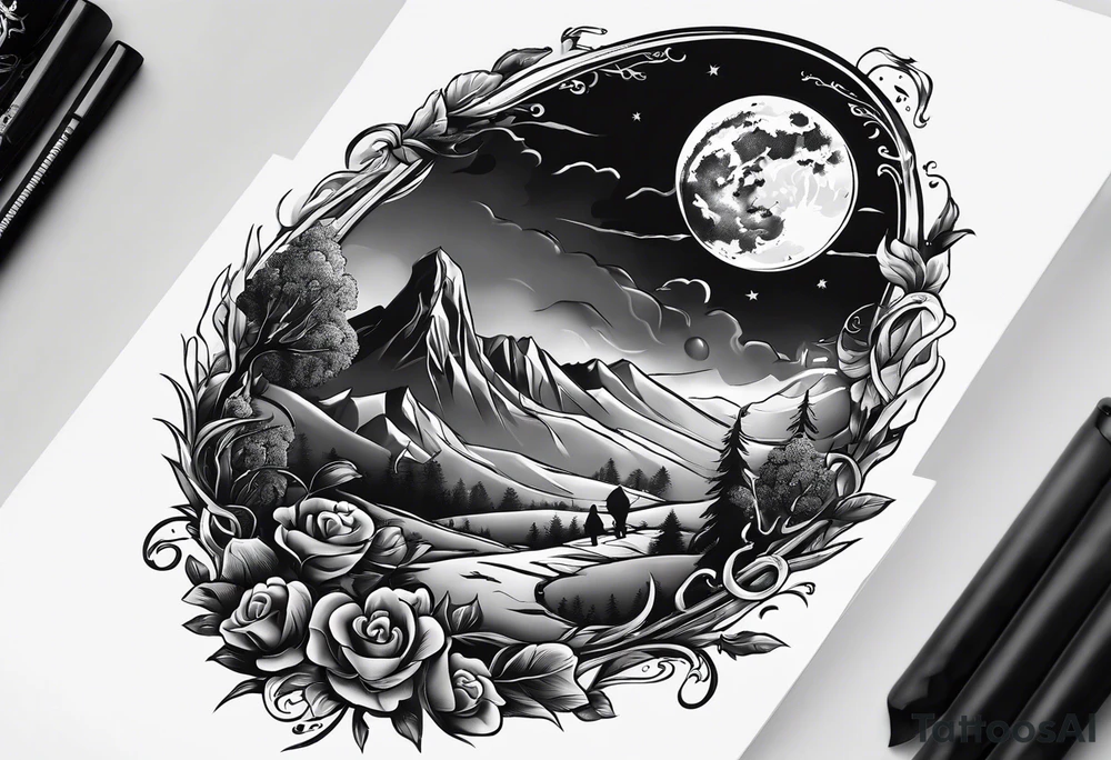 Graveyard with moon and smoke  on hills tattoo idea
