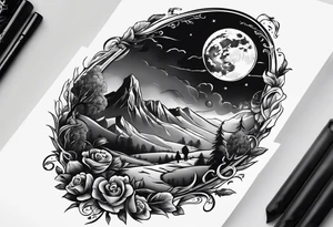 Graveyard with moon and smoke  on hills tattoo idea