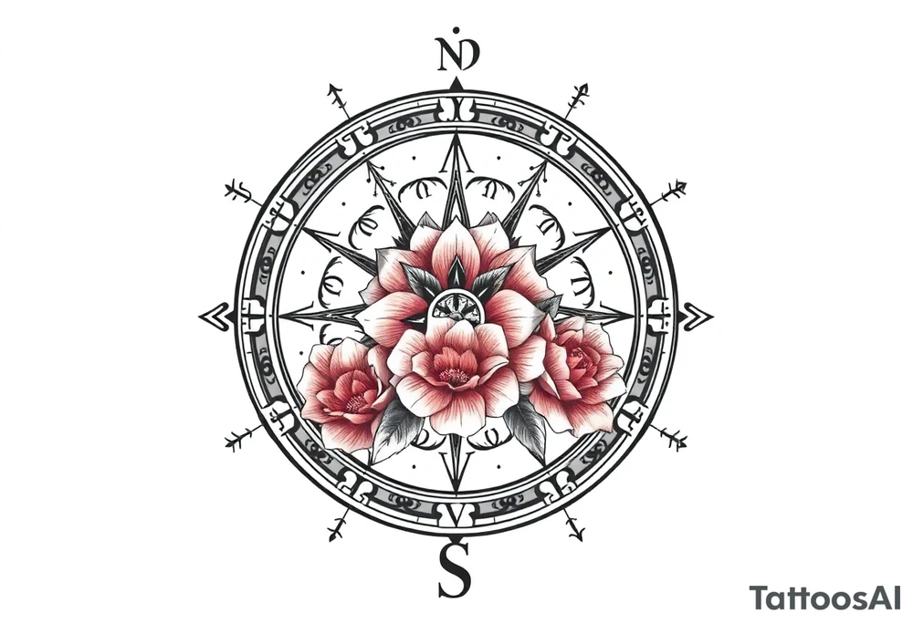 zodiac symbols the elements and Norse runes within ornate compass with roses lilly sunflowers tattoo idea