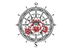zodiac symbols the elements and Norse runes within ornate compass with roses lilly sunflowers tattoo idea