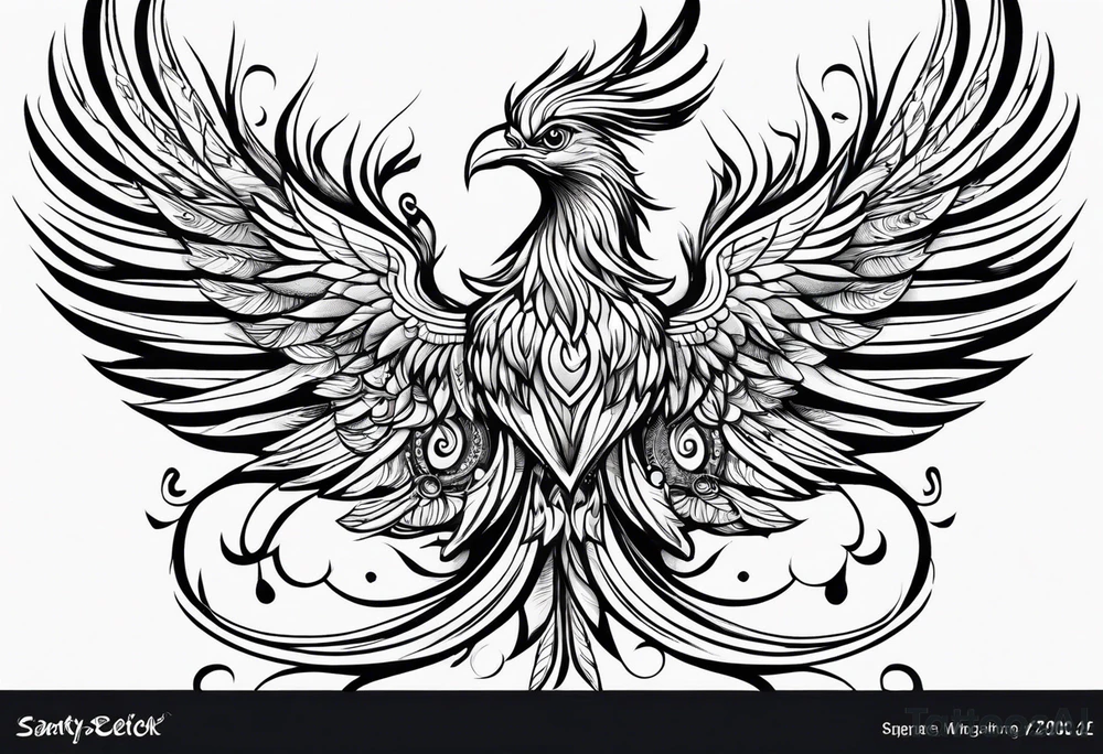 tribal pheonix with long tail curling tattoo idea