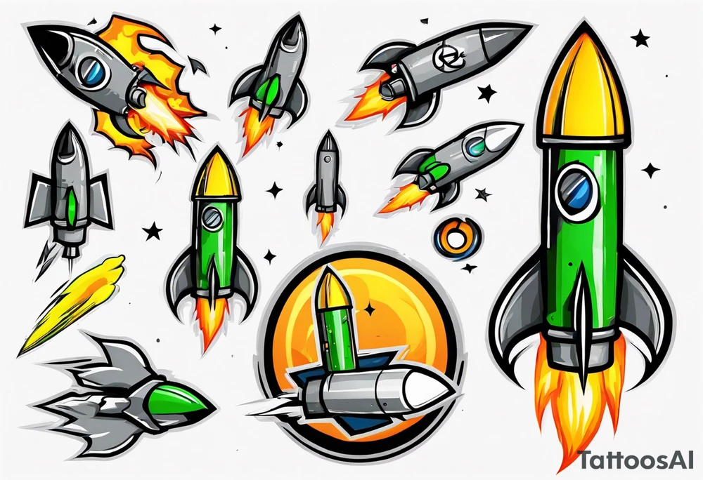 Simple cartoon rocket in green, gray, yellow, blue

Fire coming out the rocket

Black ring around the rocket with "26.2" written at the 10 o-clock position tattoo idea