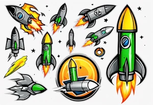 Simple cartoon rocket in green, gray, yellow, blue

Fire coming out the rocket

Black ring around the rocket with "26.2" written at the 10 o-clock position tattoo idea