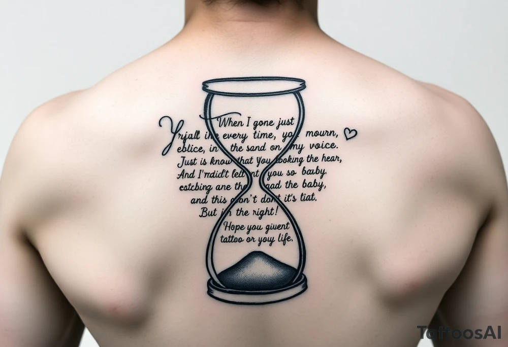 You are a renowned tattoo artist, known for your ability to create unique and meaningful designs. Your client wants a tattoo that symbolizes the passage of time and incorporates a personal text. The idea is to shape the text in the form of an hourglass, as if the words themselves are flowing like sand through the hourglass. Here is the text to be used:

“When I'm gone just carry on, don't mourn
Rejoice every time you hear the sound of my voice
Just know that I’m lookin’ down on you smilin
And I didn’t feel a thing so baby don’t feel no pain, just smile back!
It's something unpredictable
But in the end, it's right
I hope you had the time of your life” tattoo idea